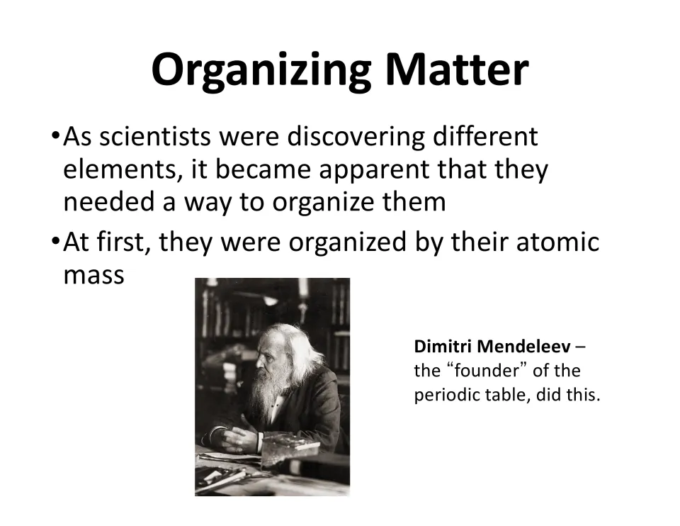 Organizing Matter slide: early scientists sorted elements by atomic mass, with a photo of Dimitri Mendeleev