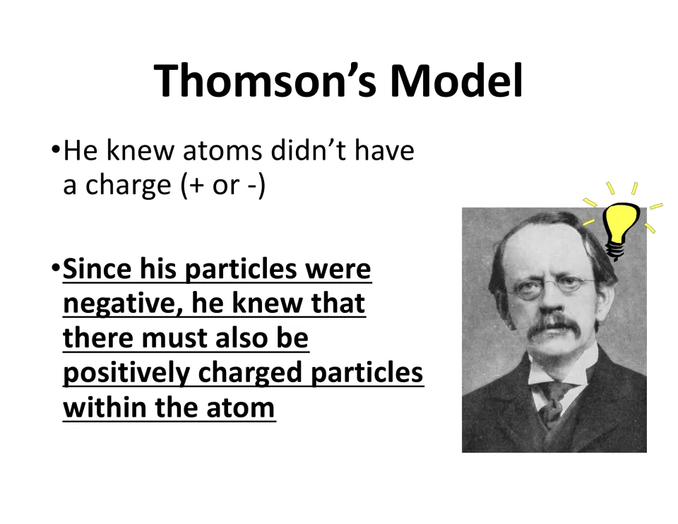 Thomson's Model: since atoms are neutral and electrons negative, he reasoned atoms must also hold positive particles