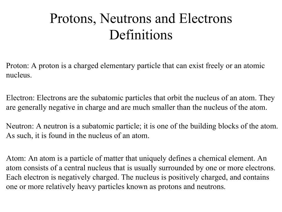 Definitions slide explaining protons, electrons, neutrons, and atoms, including the nucleus and particle charges
