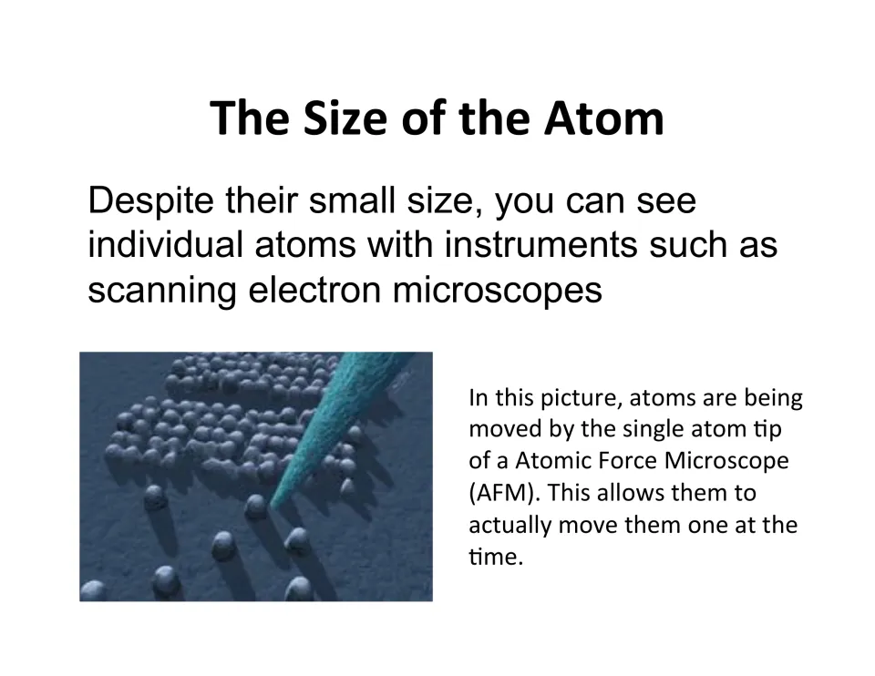 Lesson slide on observing atoms with microscopes, showing an atomic force microscope tip moving atoms