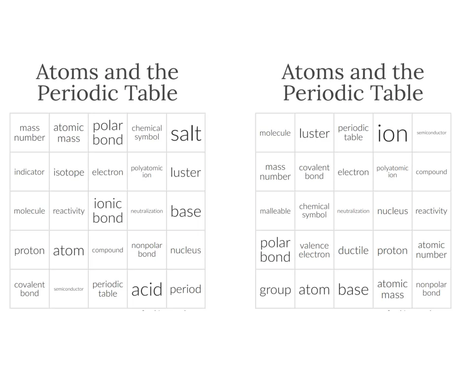 Chemistry bingo cards 1–2 include mass number, atomic mass, polar bond, molecule, luster, and periodic table.