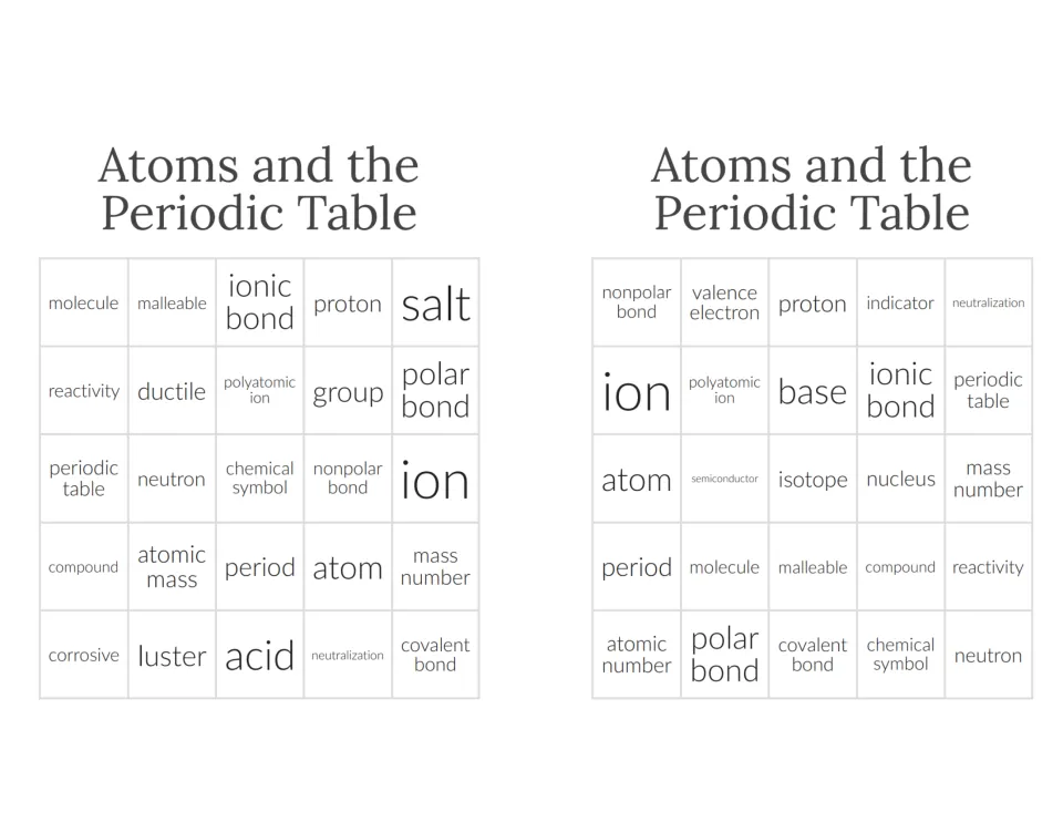 Chemistry bingo cards 3–4 include molecule, malleable, ionic bond, nonpolar bond, valence electron, and proton.
