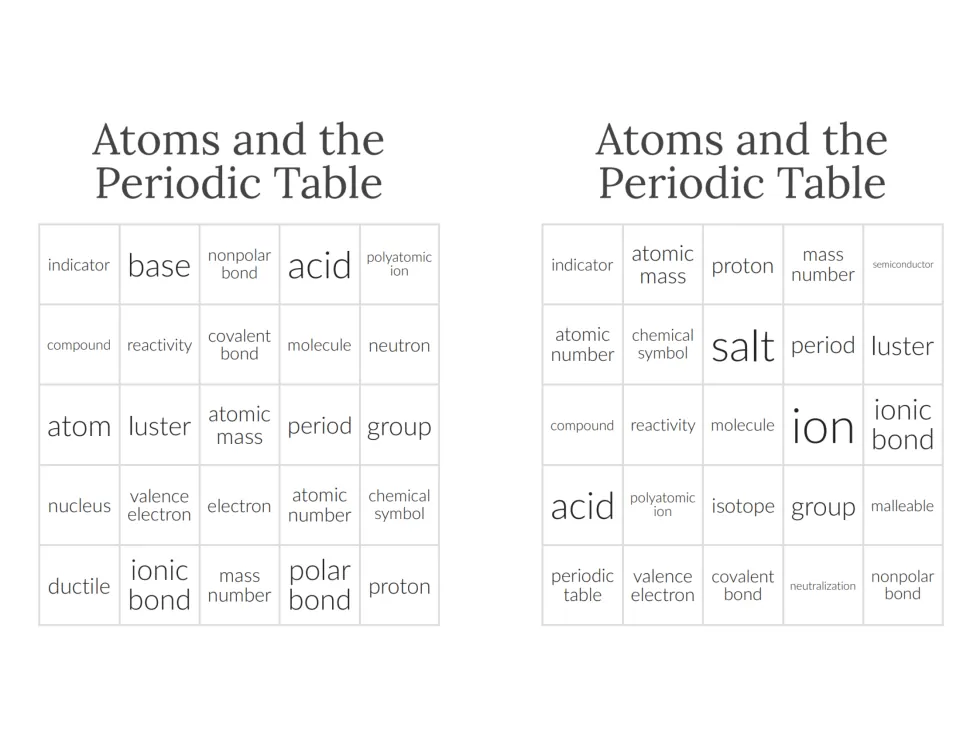 Chemistry bingo cards 5–6 include indicator, base, nonpolar bond, atomic mass, proton, and mass number.