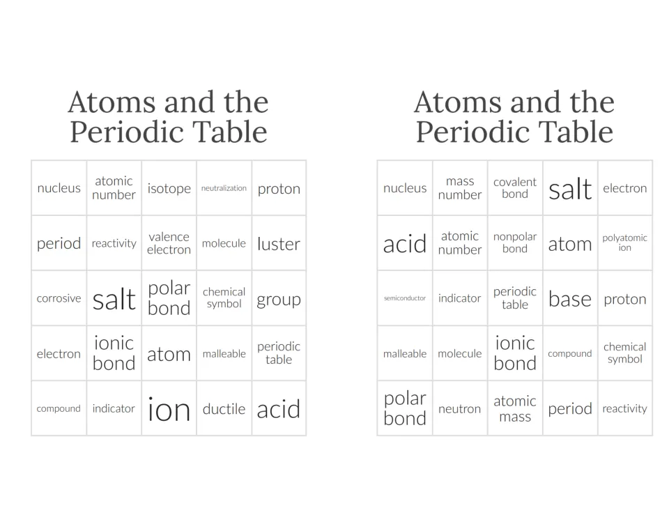 Chemistry bingo cards 7–8 include nucleus, atomic number, isotope, mass number, covalent bond, and salt.