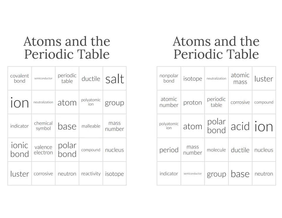 Chemistry bingo cards 9–10 include covalent bond, semiconductor, periodic table, isotope, and neutralization.