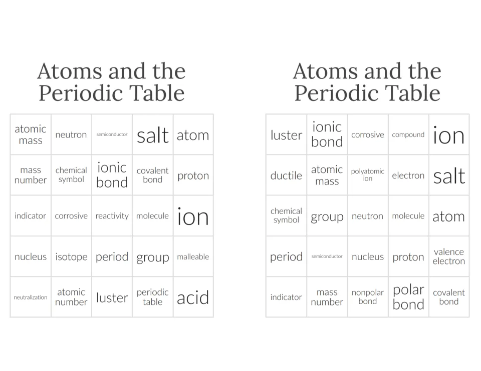 Chemistry bingo cards 11–12 include atomic mass, neutron, semiconductor, luster, ionic bond, and corrosive.