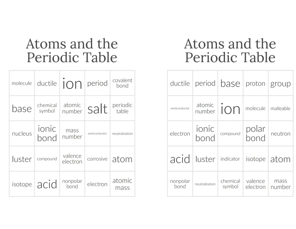 Chemistry bingo cards 13–14 include molecule, ductile, ion, period, covalent bond, base, proton, and group.