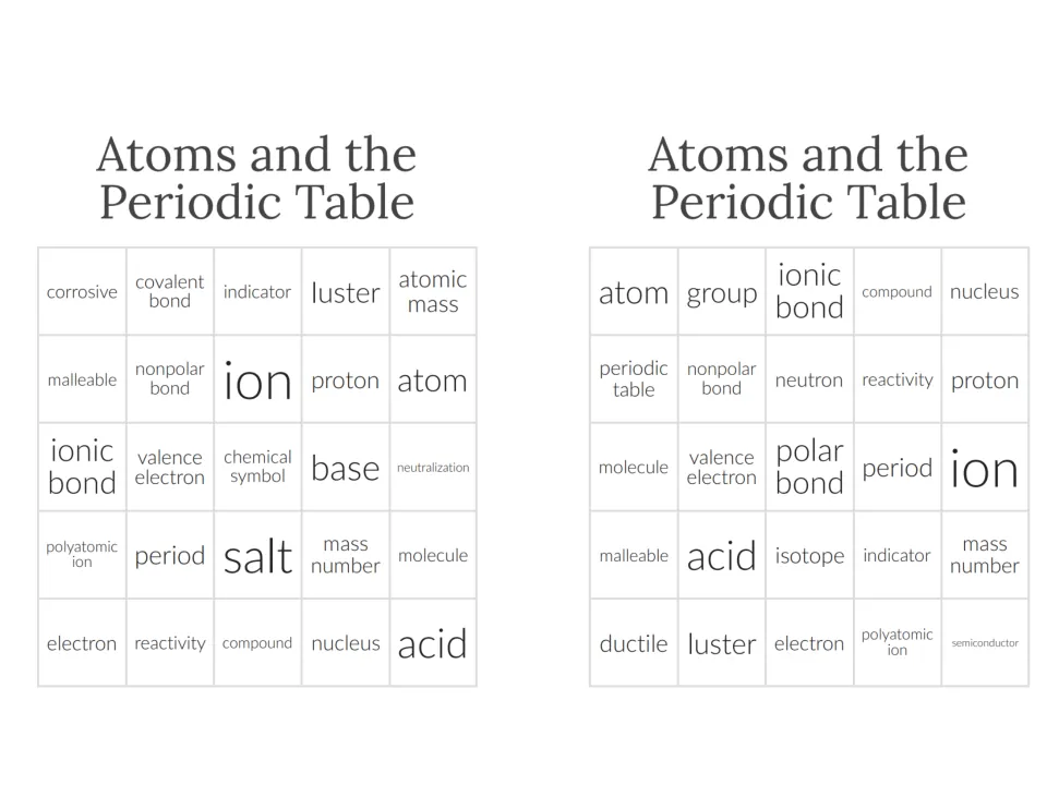 Chemistry bingo cards 15–16 include corrosive, covalent bond, indicator, atom, group, ionic bond, and nucleus.