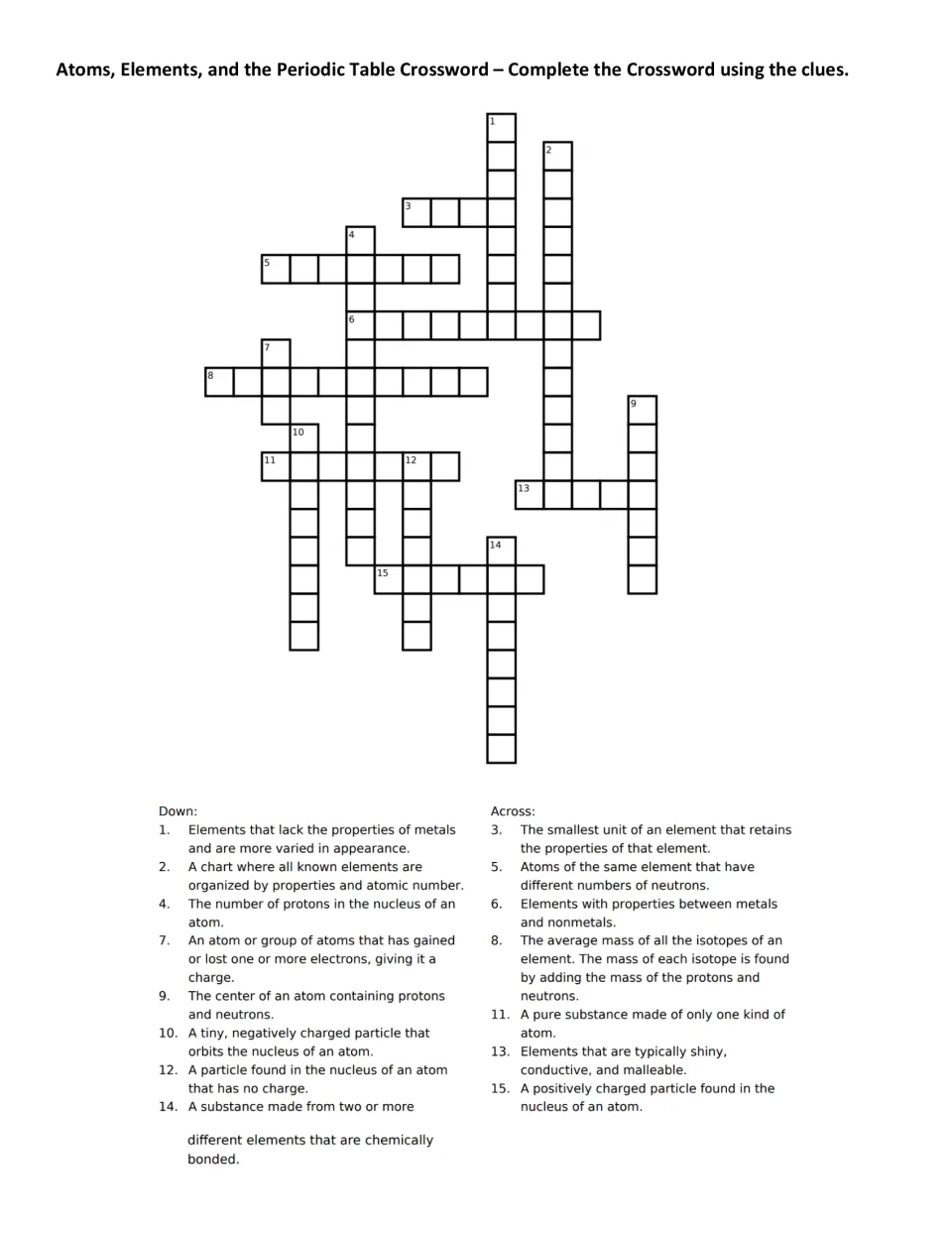 Atomic structure crossword: students solve 15 clues on atoms, isotopes, ions, metals and nonmetals with no word bank
