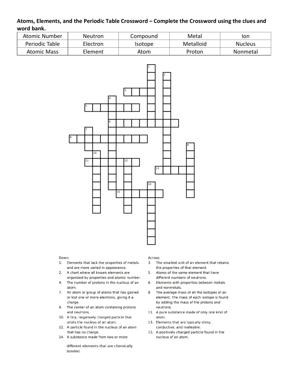 Atomic structure crossword with word bank: students solve 15 clues using terms such as proton, isotope and metalloid