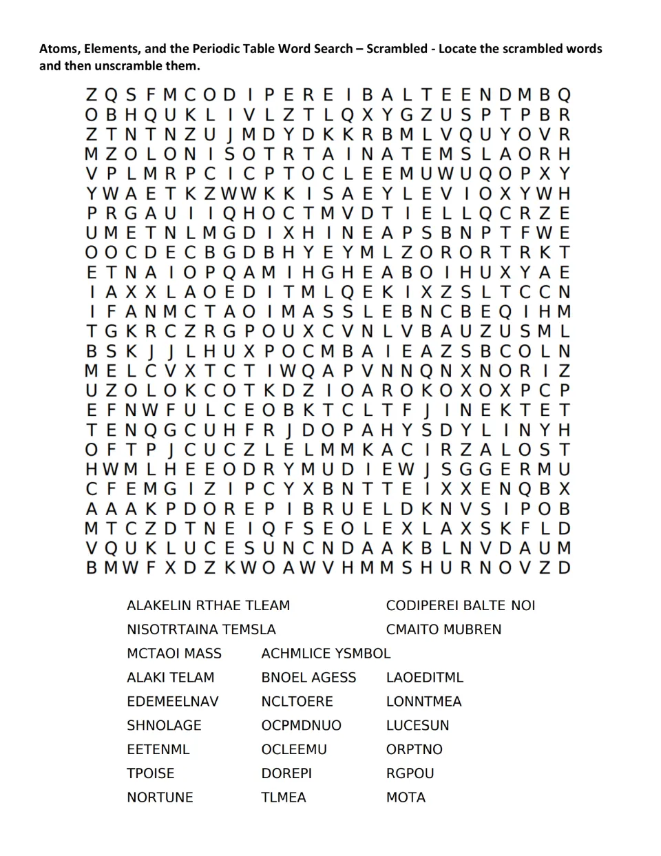 Scrambled word search on atoms and elements: students find jumbled terms like MOTA and NCLTOERE, then unscramble them