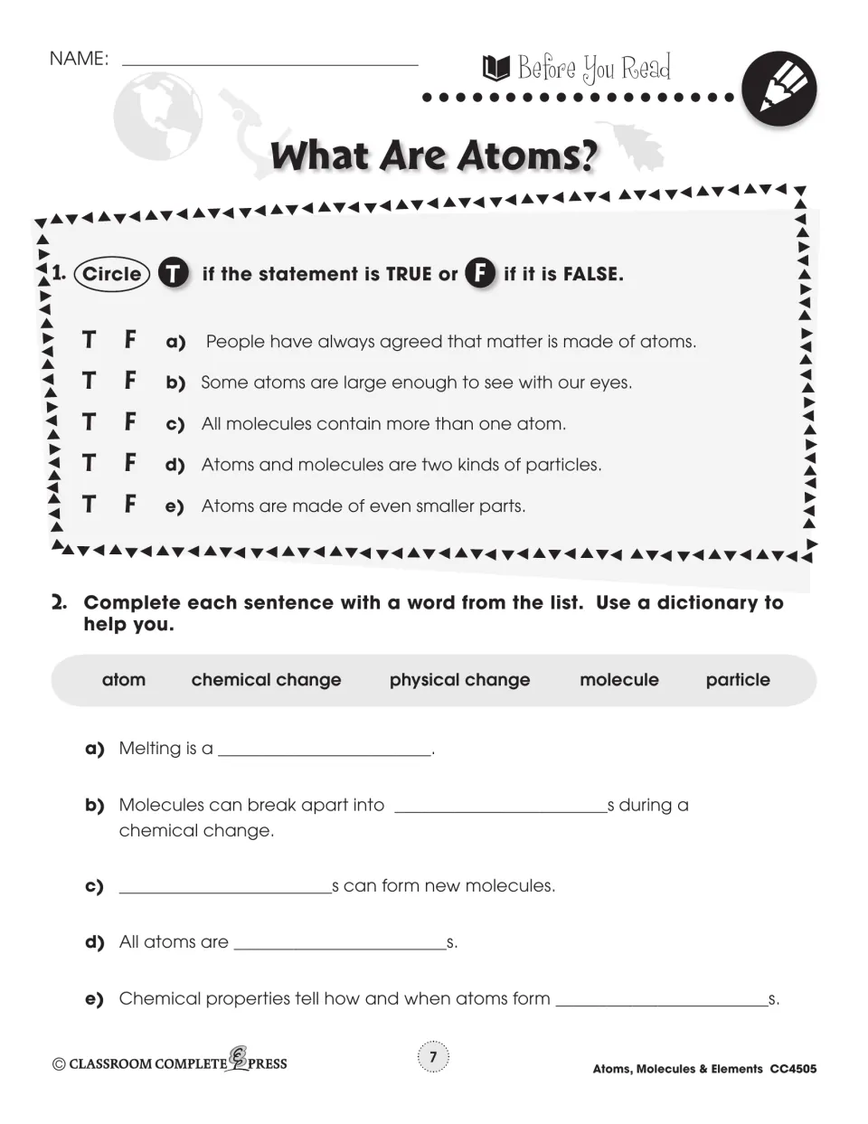 What Are Atoms? pre-reading: students circle true or false for 5 statements, then fill 5 blanks from a word list