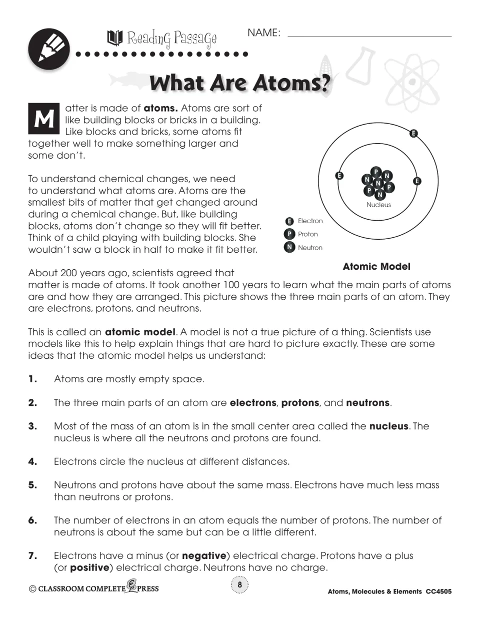 What Are Atoms? reading passage with a labeled atomic model and seven facts on electrons, protons, neutrons and the nucleus