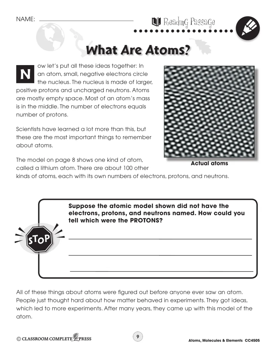 Atoms passage continued: summary of atom parts, a photo of actual atoms and a STOP question on identifying protons