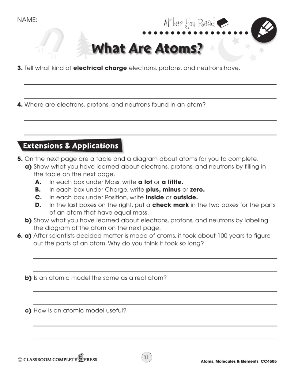 Atoms short answers on charge and location of particles, plus extensions: fill a table, label an atom, discuss models