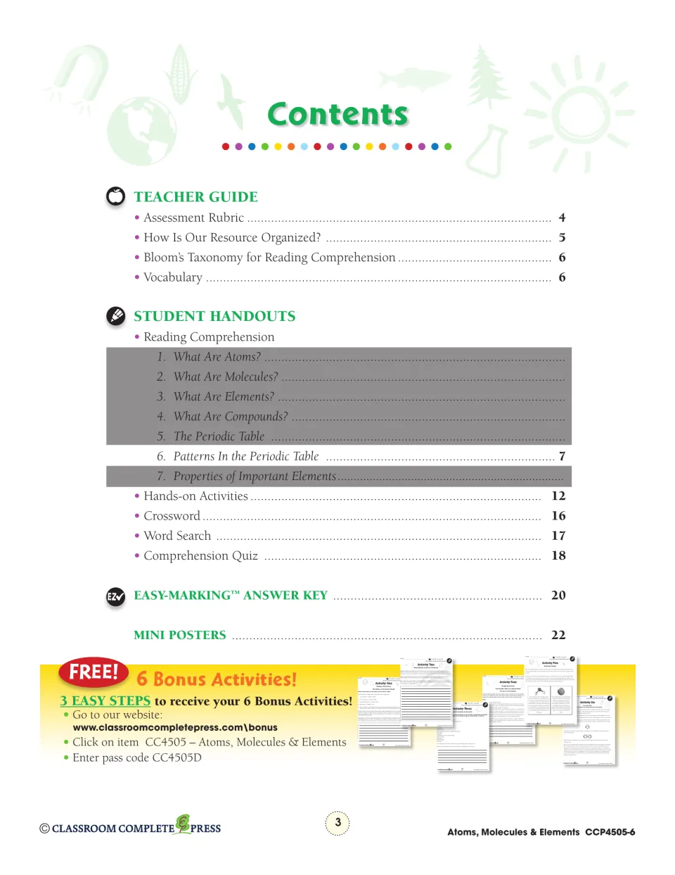 Contents listing teacher guide, reading section 6 on periodic table patterns, crossword, word search, quiz and answer key