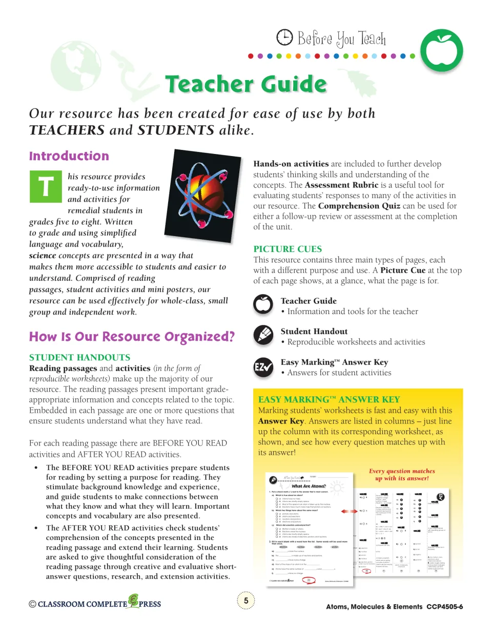 Teacher guide introduction explaining reading passages, before and after you read activities, picture cues and answer key