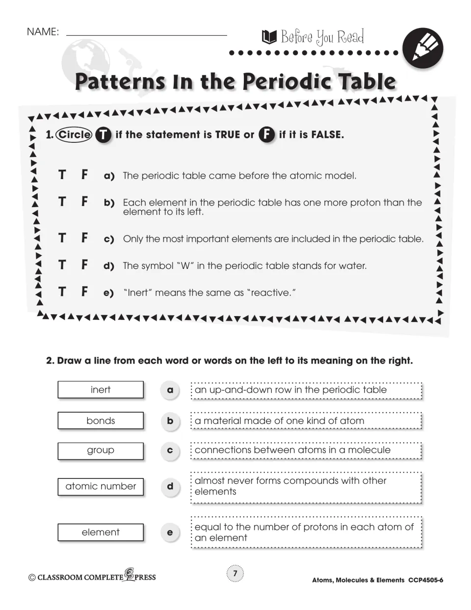 Before You Read on periodic table patterns: students circle true or false and match terms like inert and group to meanings