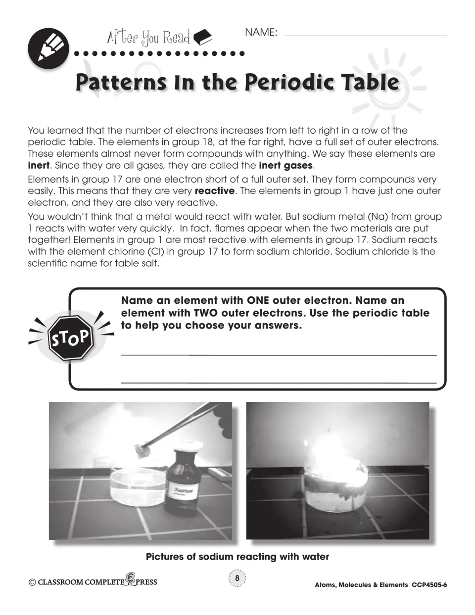 Text on inert gases and reactive groups 1 and 17 with photos of sodium in water; students name elements by outer electrons
