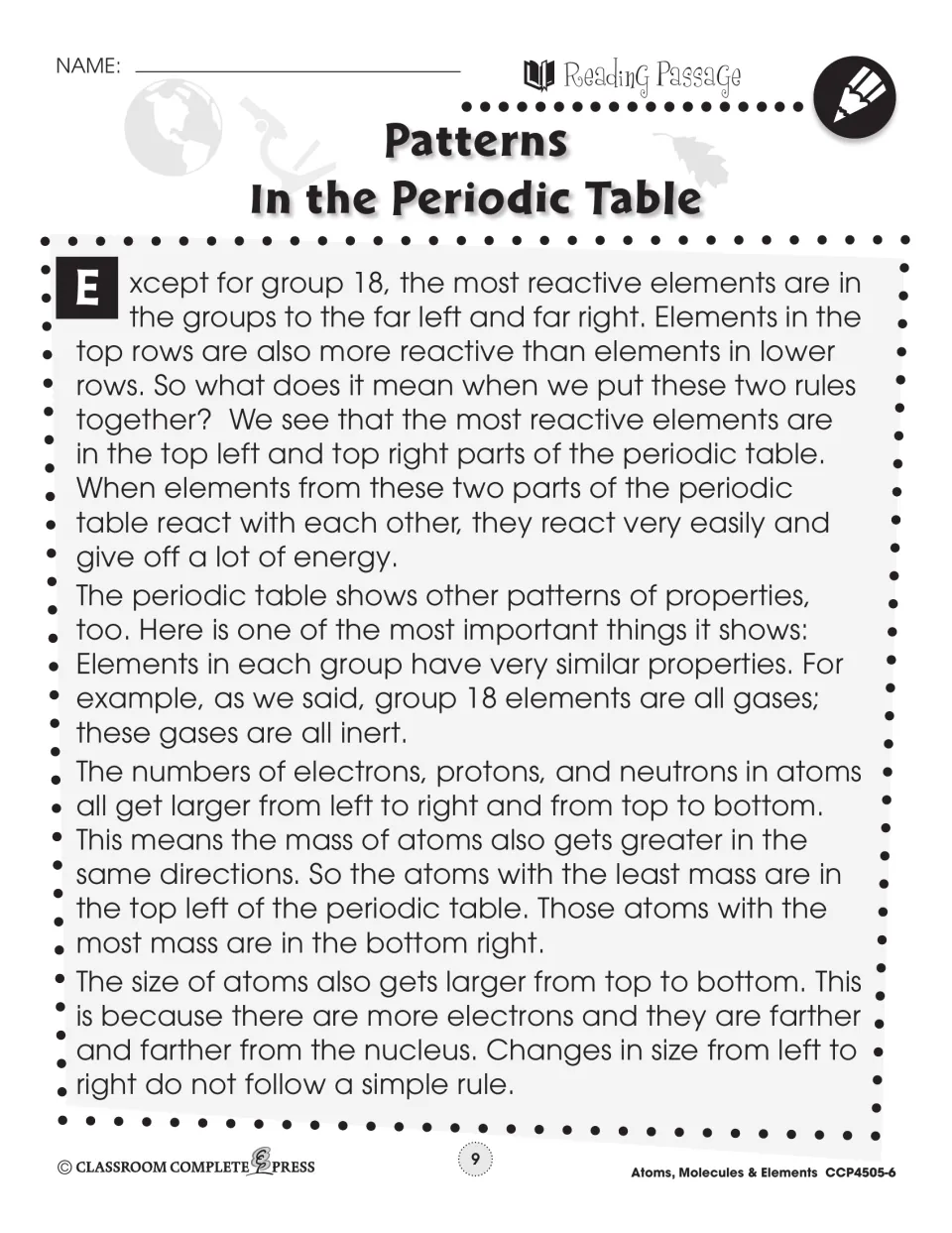 Reading passage on periodic table trends: where the most reactive elements sit and how atom mass and size change