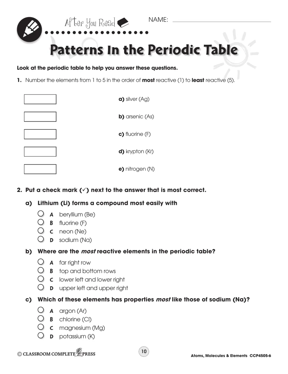 After You Read on reactivity: students rank five elements from most to least reactive and answer three multiple-choice items