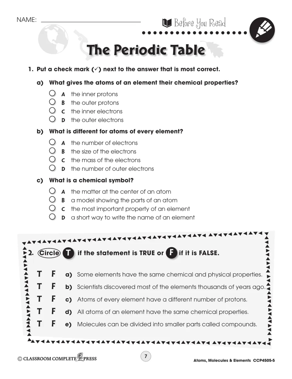 Before-reading periodic table quiz: students check answers on chemical properties and symbols, then circle true or false