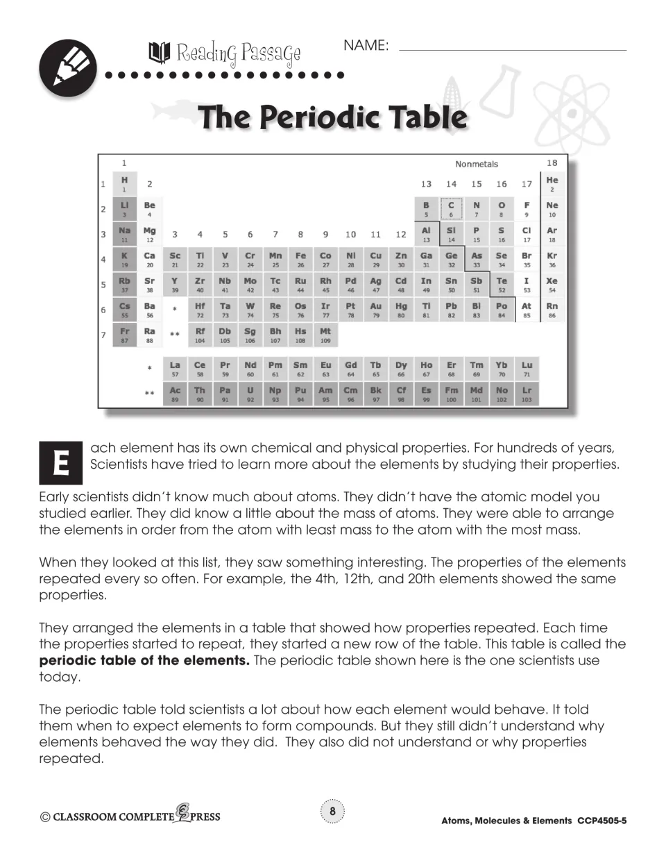 Periodic table reading passage with a full table of elements, explaining how early scientists saw properties repeat