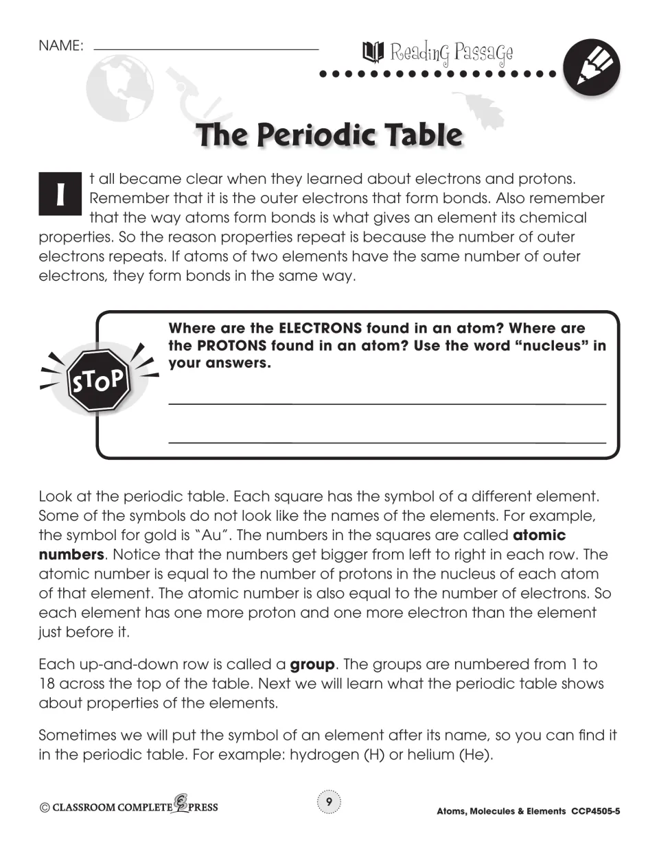 Periodic table passage on outer electrons, atomic numbers and groups, with a stop question locating electrons and protons