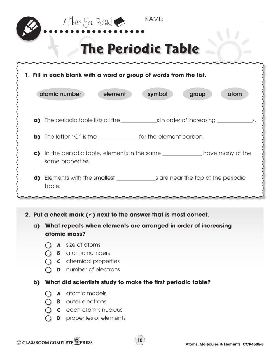 After-reading periodic table review: students fill blanks using atomic number, element, symbol and group, then pick answers