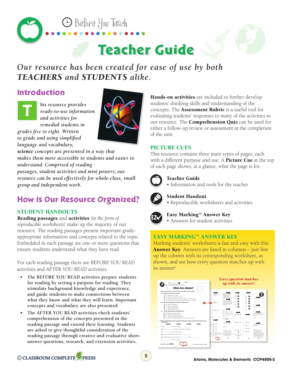 Teacher guide explains reading passages, before- and after-reading activities, picture cues, and the answer key