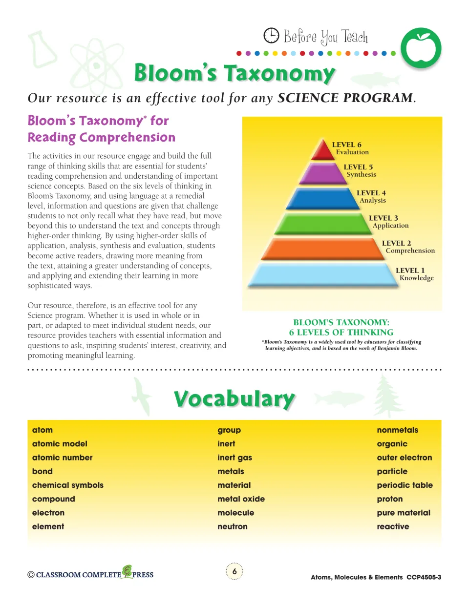 Teacher reference explains Bloom's six thinking levels and lists science vocabulary, including atom and element