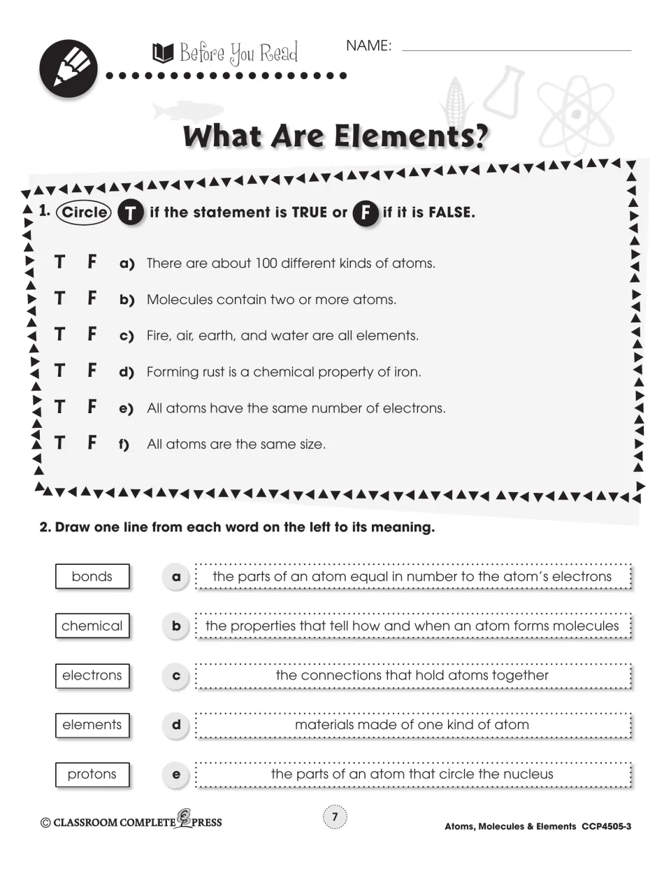 Prereading activity checks six statements about atoms and elements and matches five science terms to meanings