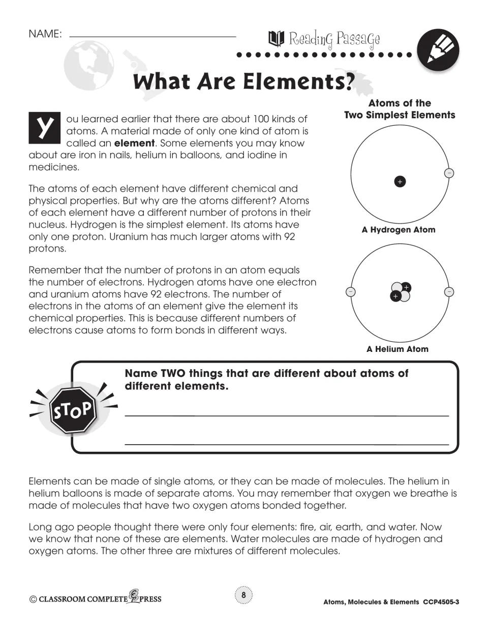 Elements reading passage explains one kind of atom, compares hydrogen and helium diagrams, and asks about atoms