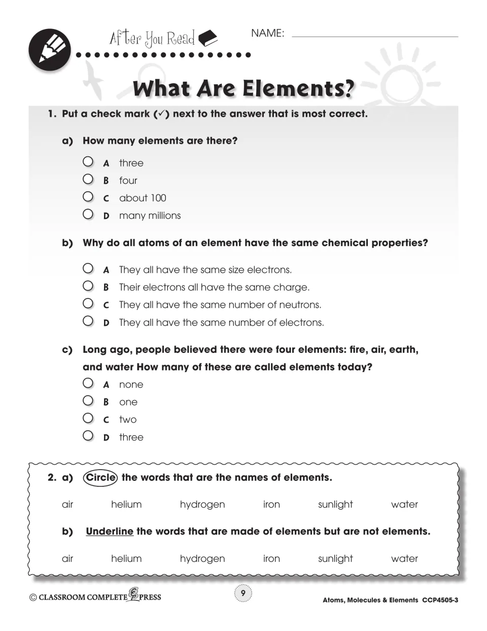 First follow-up activity checks element facts with three multiple-choice questions and classifies six examples