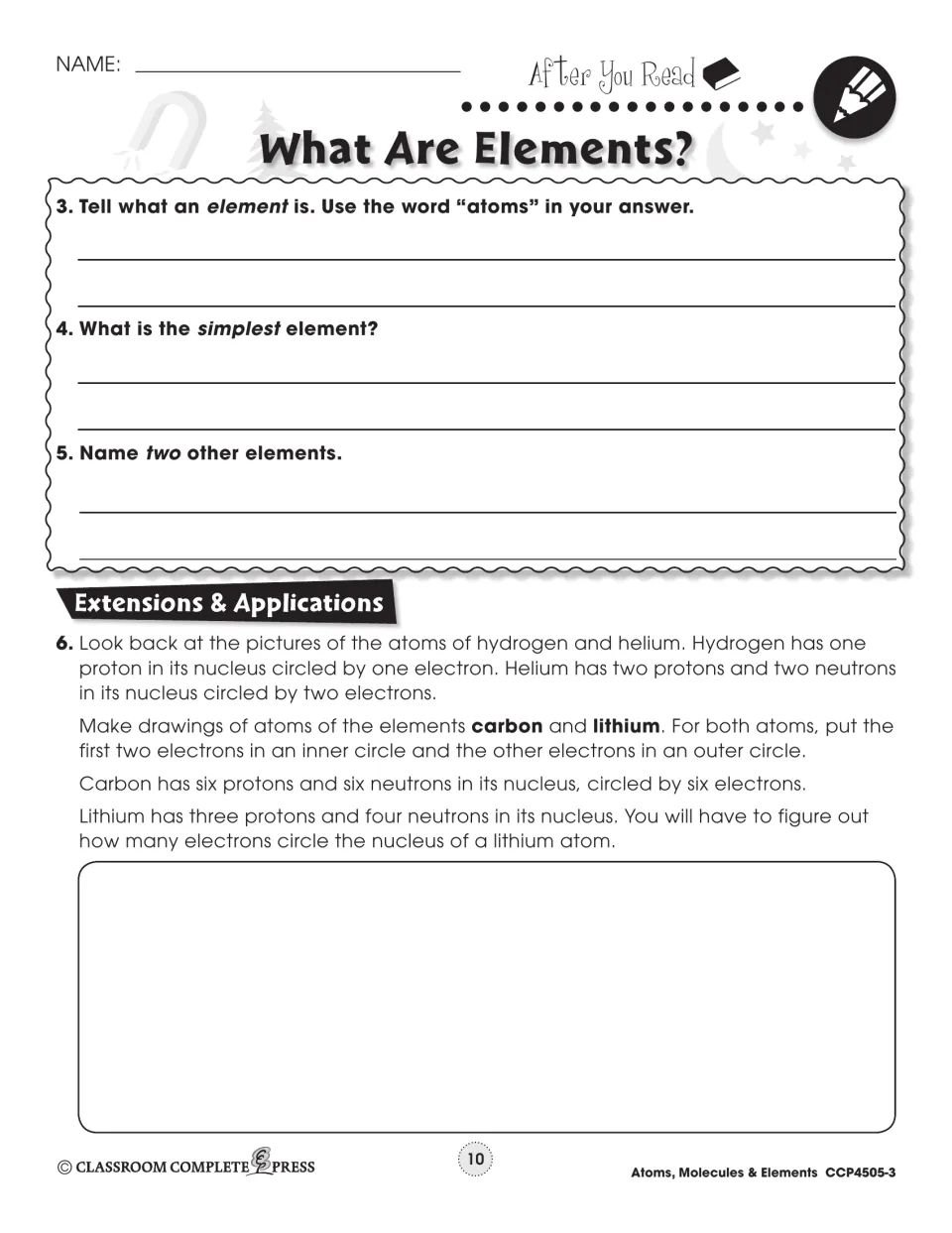 Second follow-up activity asks students to define and name elements, then draw carbon and lithium atoms