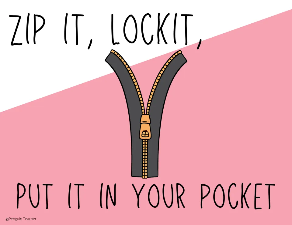 Attention grabber poster 7: 'Zip It, Lock It' and 'Put It in Your Pocket' illustrated with a zipper.
