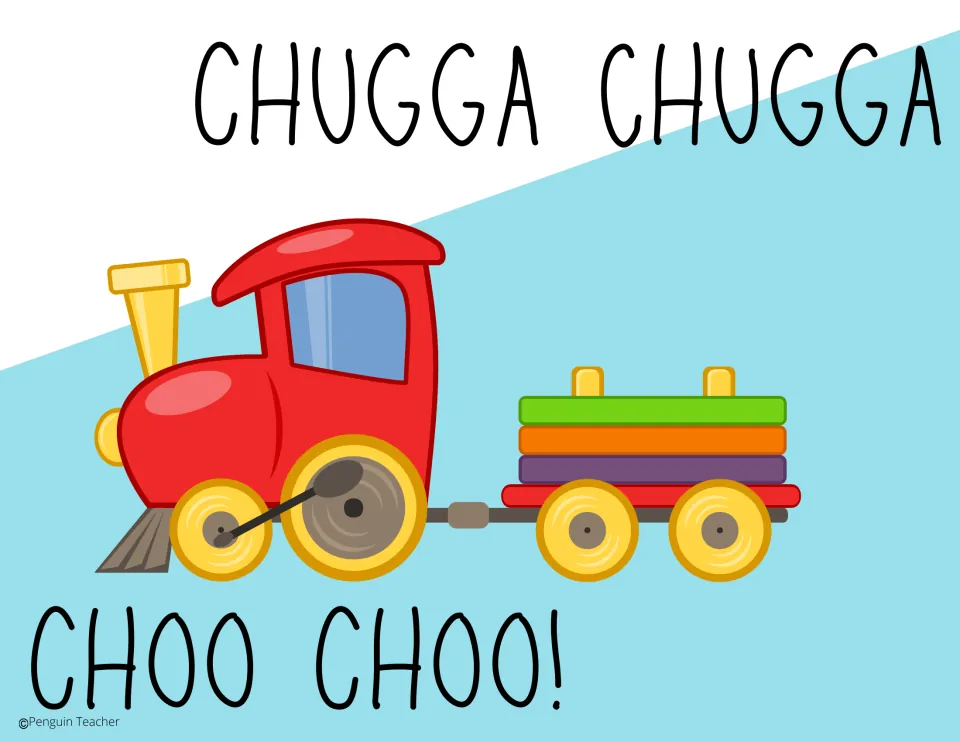 Attention grabber poster 8: 'Chugga Chugga' and 'Choo Choo!' illustrated with a colorful toy train.