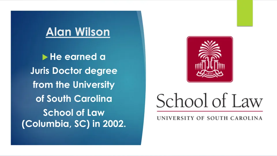 Law school slide: Wilson earned a Juris Doctor from the University of South Carolina School of Law in Columbia in 2002