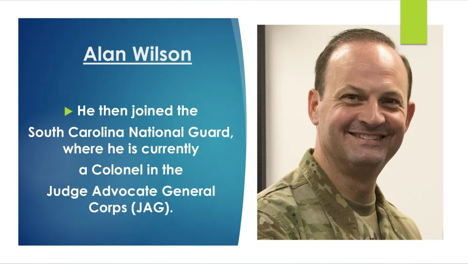 Military slide: Wilson joined the South Carolina National Guard and is a Colonel in the JAG Corps; photo in uniform