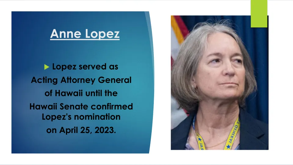 Confirmation slide: Lopez served as Acting Attorney General until the Hawaii Senate confirmed her on April 25, 2023