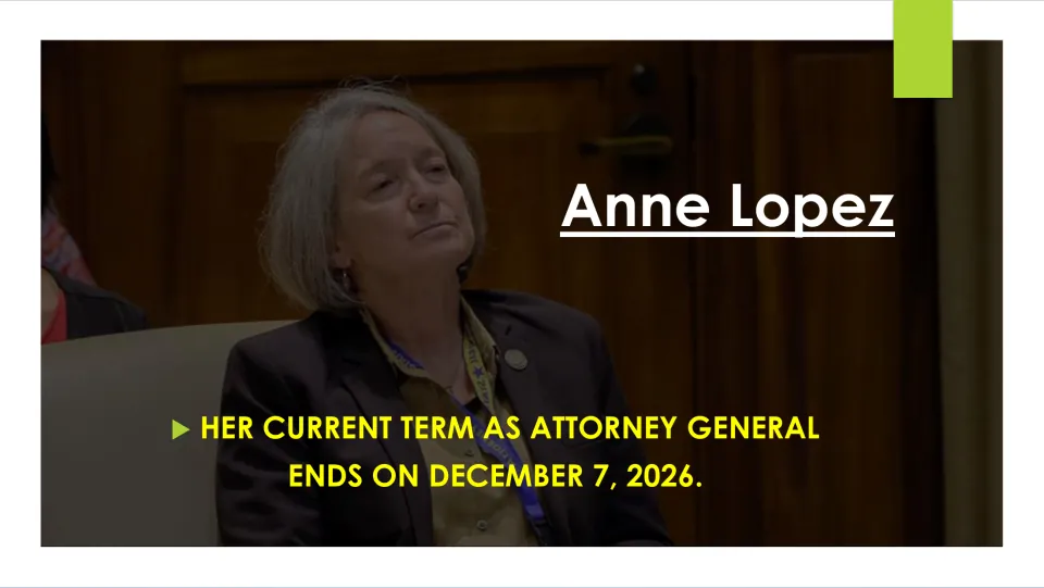 Term slide: her current term as Attorney General ends on December 7, 2026, over a photo of Lopez seated indoors