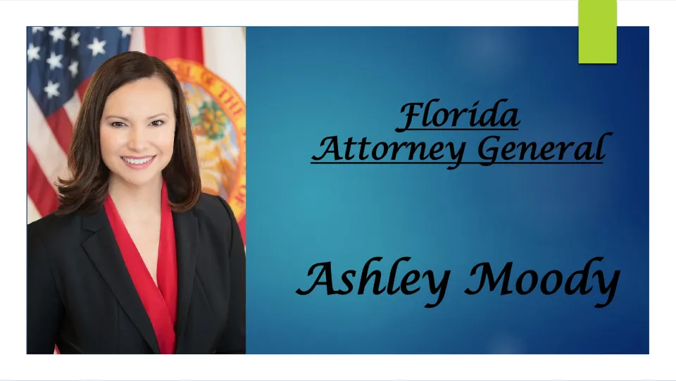 Biography presentation cover naming Ashley Moody as Florida Attorney General and showing her portrait