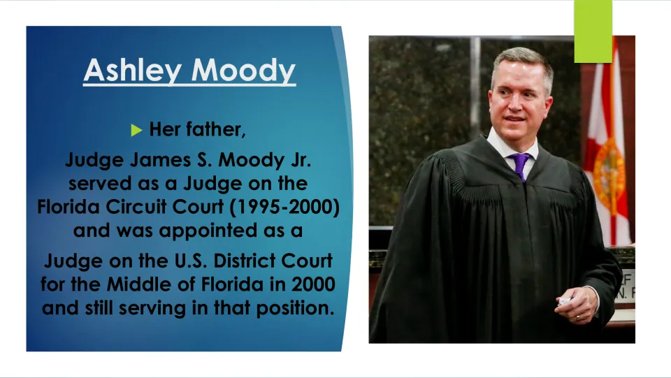 Family background slide describing her father, Judge James S. Moody Jr., and his state and federal service
