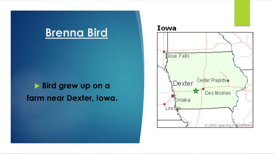Childhood slide stating Bird grew up on a farm near Dexter, Iowa, with a state map marking Dexter near Des Moines