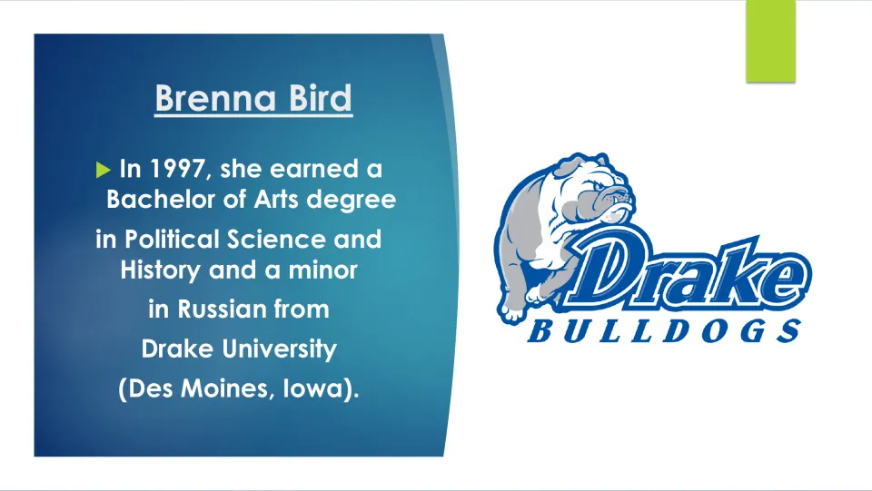 Education slide: 1997 BA in Political Science and History, minor in Russian, from Drake University in Des Moines