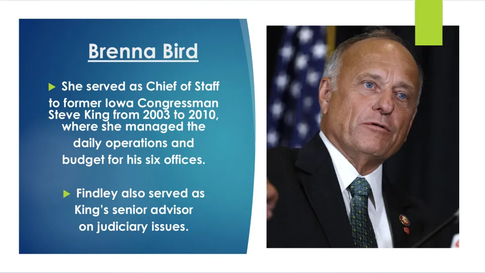 Career slide: Chief of Staff to Iowa Congressman Steve King, 2003 to 2010, and his senior advisor on judiciary issues