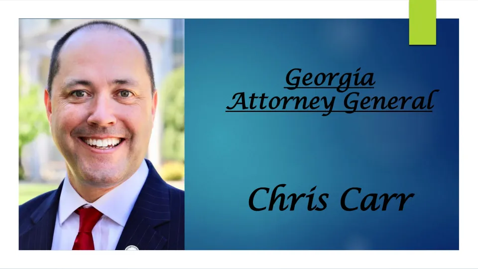 Title slide reading Georgia Attorney General Chris Carr beside a smiling portrait of him in a suit and red tie