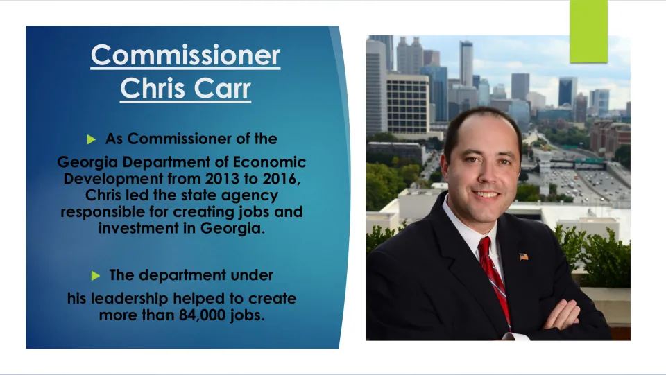 Economic development slide: Carr's agency handled jobs and investment and helped create more than 84,000 jobs