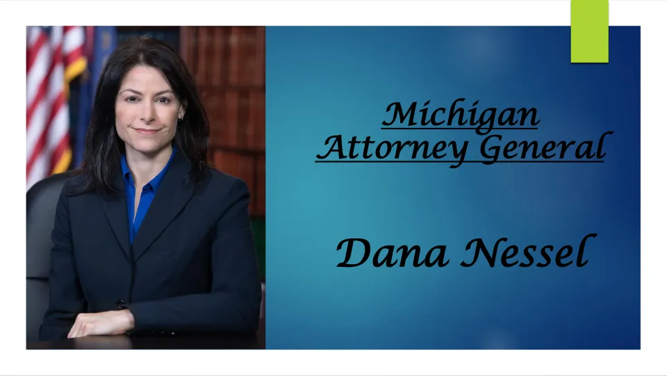 Biography presentation cover identifying Dana Nessel as Michigan Attorney General, with her portrait