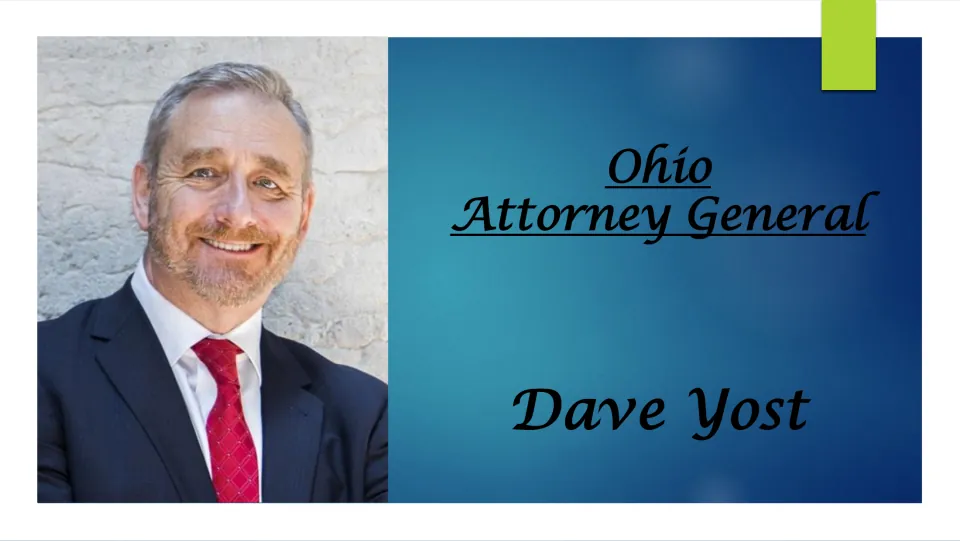Biography presentation cover introducing Ohio Attorney General Dave Yost, with his name and portrait